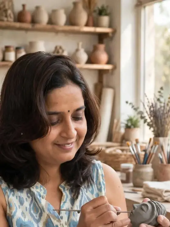 Ranu Shrivastava sculpting a clay figure in her studio, the Clay Room, Bhopal