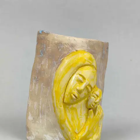 Mother and child relief vessel, yellow glaze