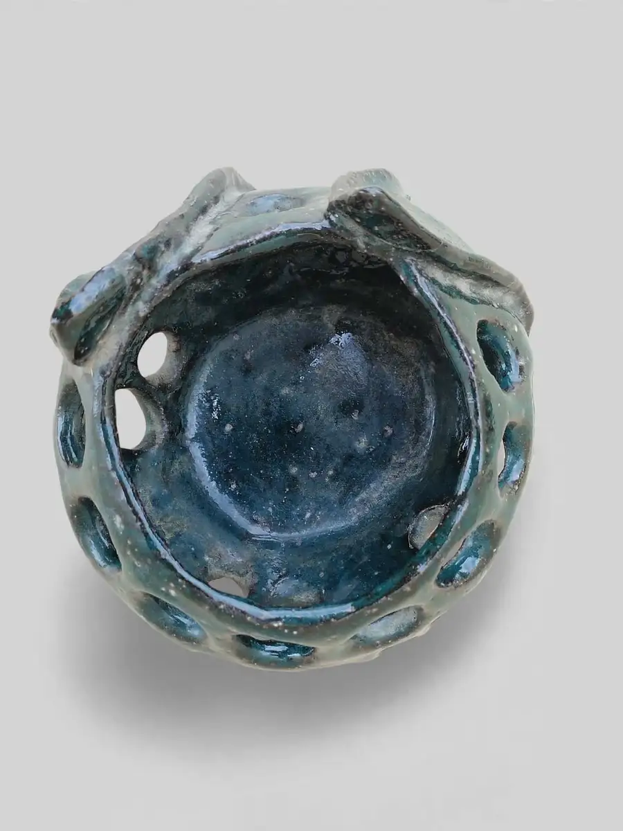 Lattice Rim Bowl, teal glazed perforated bowl