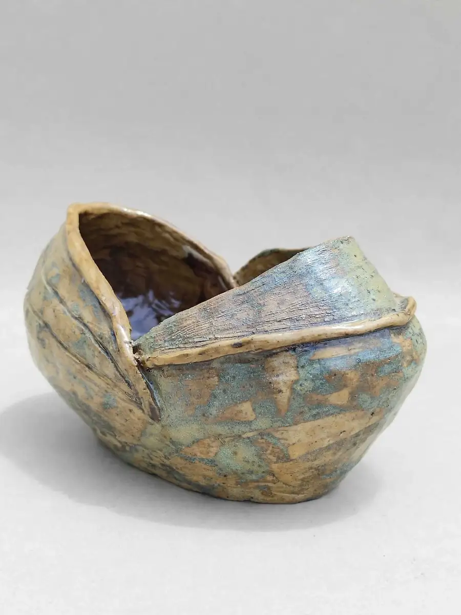 Sage-Blue Boat Vessel, mottled open vessel